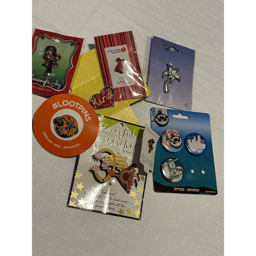 Pins‎ Lot of 10. palm trees! sloths! angel! red dress! Garden New